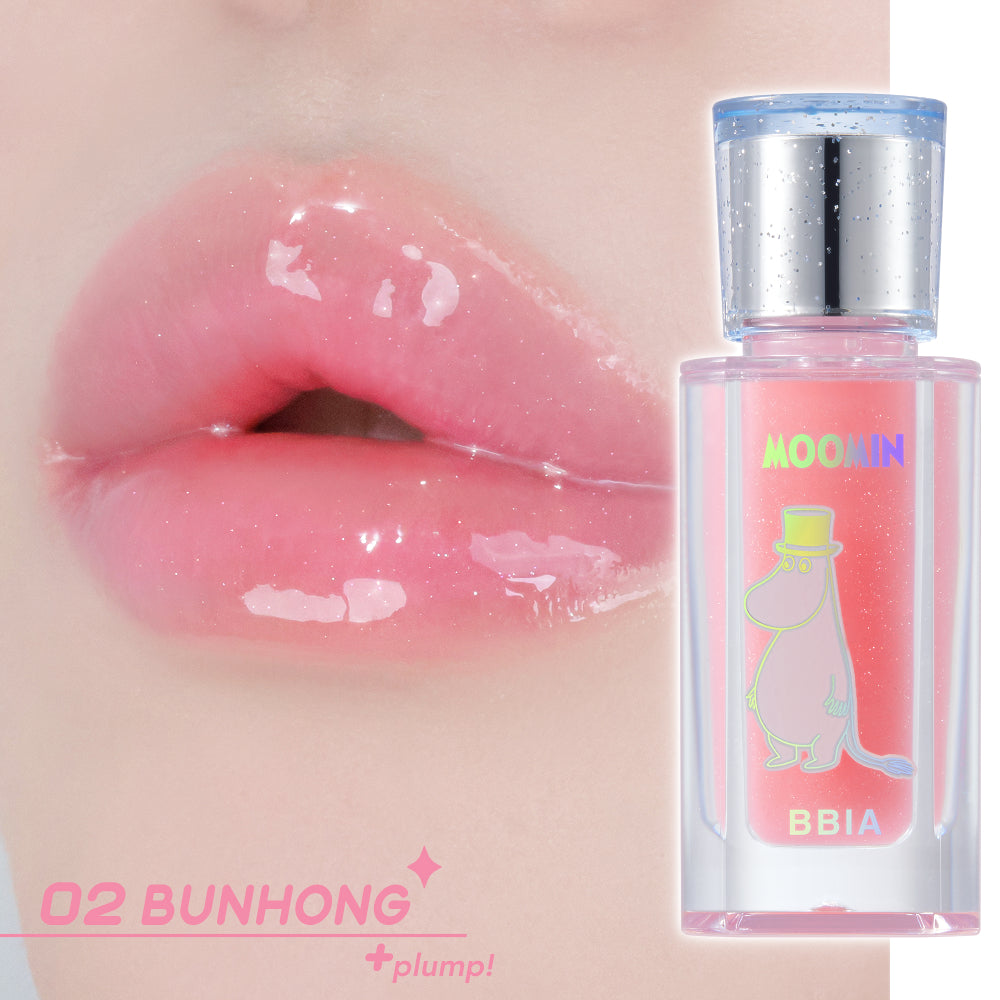 Bbia x Moomin Collab Lip Oil huuliöljy sÀvy 02 Bunhong (pinkki, plumping, kimaltava) Muumipappa pakkaus