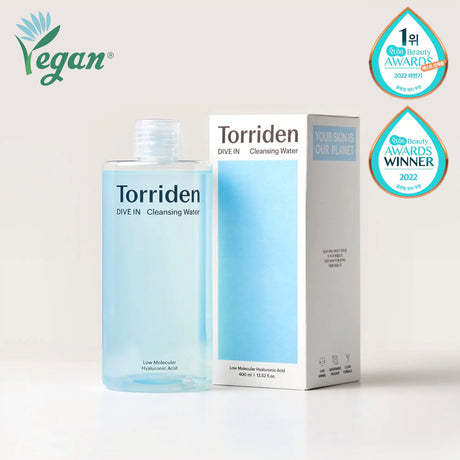 Torriden DIVE-IN Hyaluronic Acid Cleansing Water pakkaus ja palkinnot