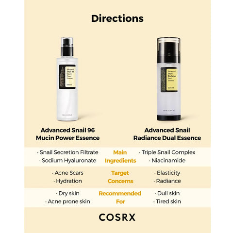 [Cosrx] Advanced Snail Radiance Dual Essence & Advanced Snail 96 Mucin Power Essence vertailu