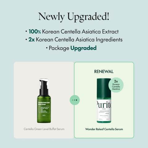 Purito Seoul Wonder Releaf Centella Serum uudistunut nimi ja pakkaus info